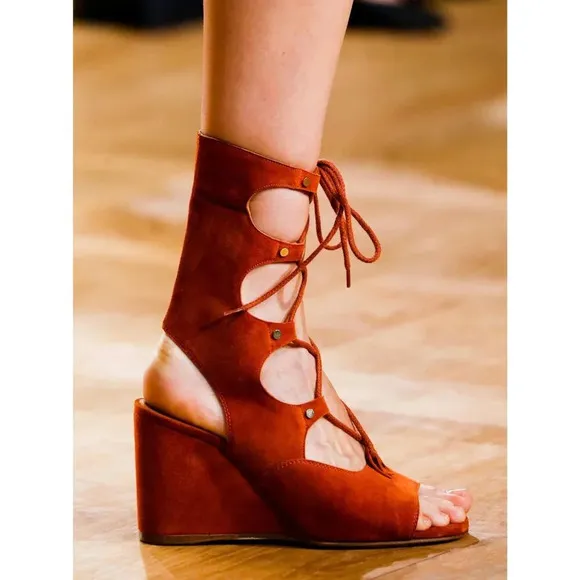 Chloe Rust Orange Suede Leather Lettonia Gladiator Wedge Sandals Size 38