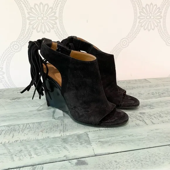 Chloe Sandals Wedge Suede Fringe Black 6.5
