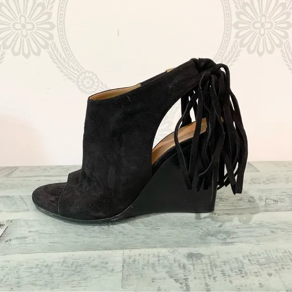 Chloe Sandals Wedge Suede Fringe Black 6.5