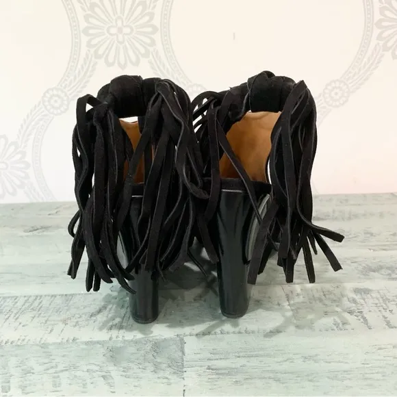 Chloe Sandals Wedge Suede Fringe Black 6.5