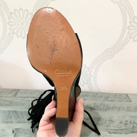 Chloe Sandals Wedge Suede Fringe Black 6.5