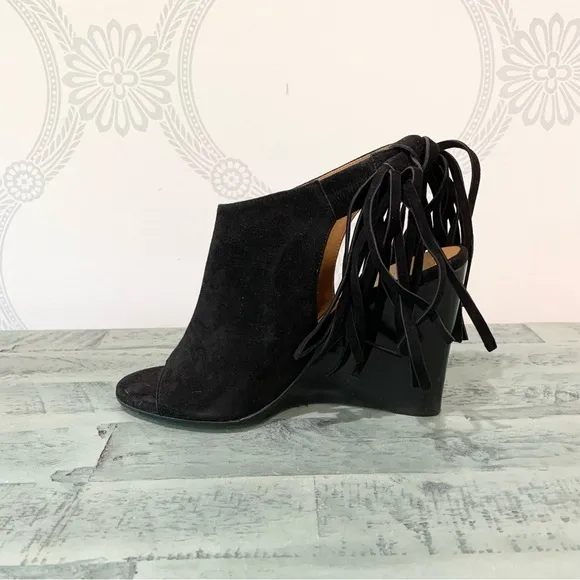 Chloe Sandals Wedge Suede Fringe Black 6.5