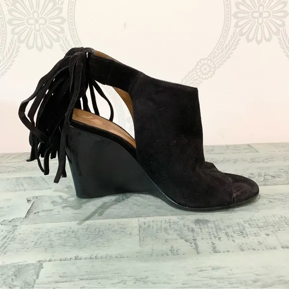 Chloe Sandals Wedge Suede Fringe Black 6.5