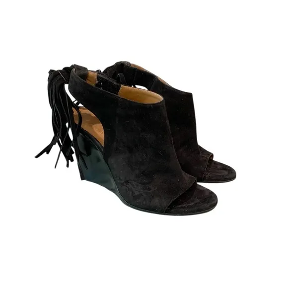 Chloe Sandals Wedge Suede Fringe Black 6.5