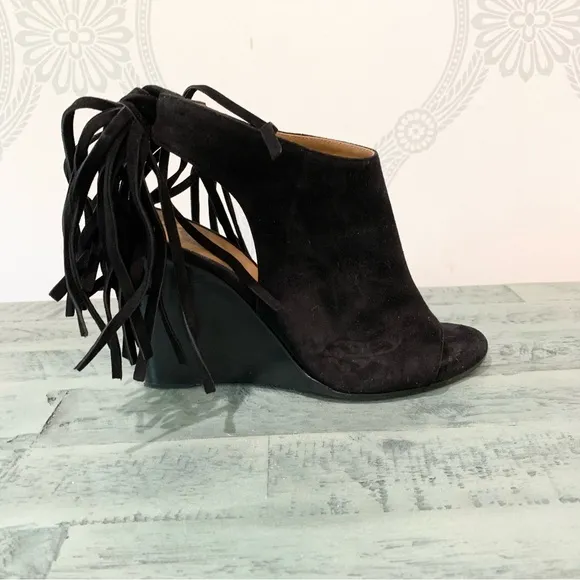 Chloe Sandals Wedge Suede Fringe Black 6.5