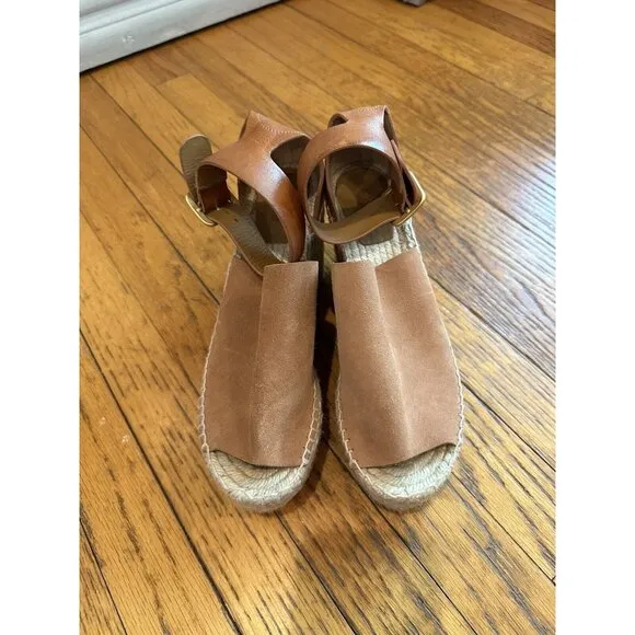 Chloe Womans Brown Leather Wedge Espadrille Sandals EUC Size 40 US size 9.5