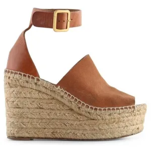 Chloe Womans Brown Leather Wedge Espadrille Sandals EUC Size 40 US size 9.5