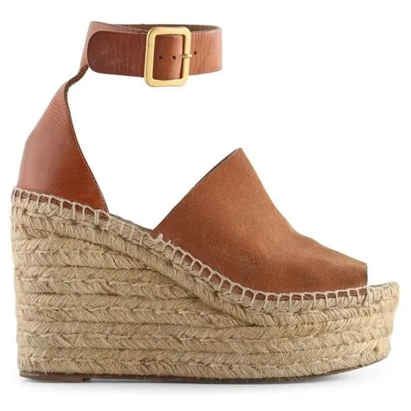 Chloe Womans Brown Leather Wedge Espadrille Sandals EUC Size 40 US size 9.5