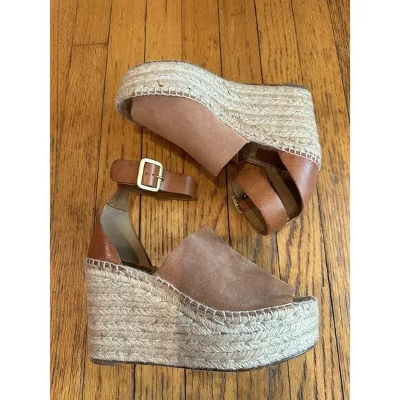 Chloe Womans Brown Leather Wedge Espadrille Sandals EUC Size 40 US size 9.5