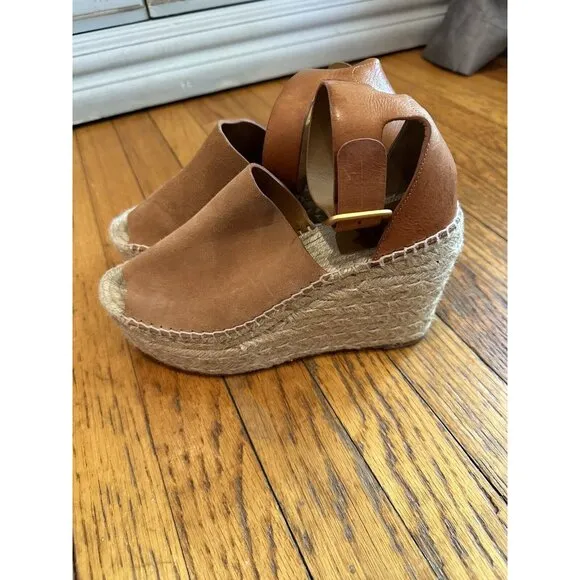 Chloe Womans Brown Leather Wedge Espadrille Sandals EUC Size 40 US size 9.5