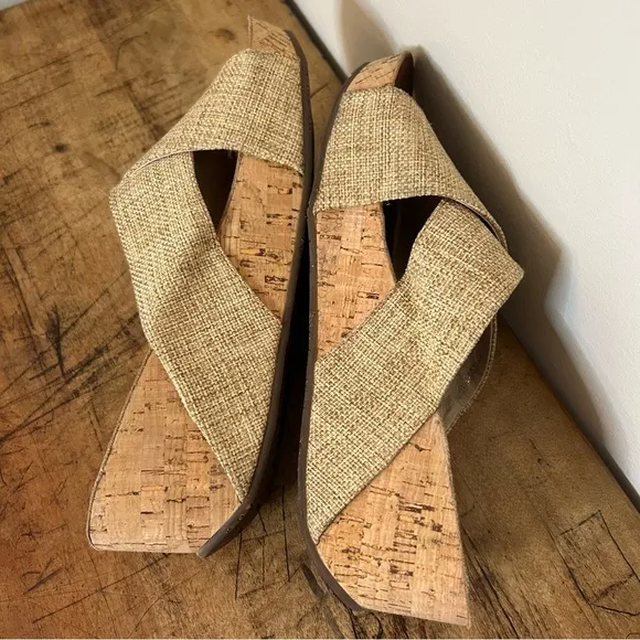 Chocolat Blu Melissa cork wedge sandals with sand color straps, sz 10, GUC