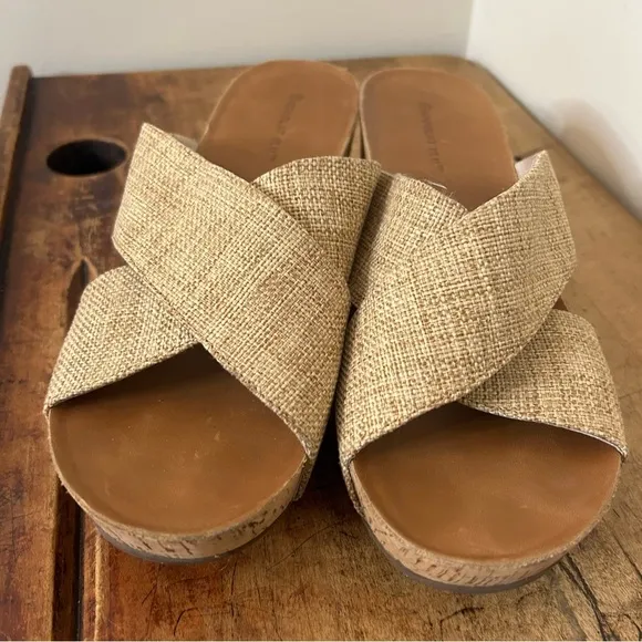 Chocolat Blu Melissa cork wedge sandals with sand color straps, sz 10, GUC