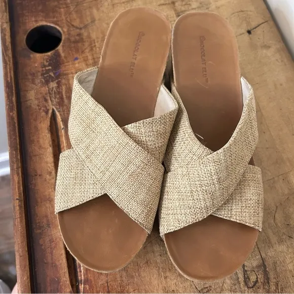 Chocolat Blu Melissa cork wedge sandals with sand color straps, sz 10, GUC