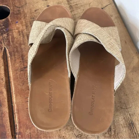 Chocolat Blu Melissa cork wedge sandals with sand color straps, sz 10, GUC