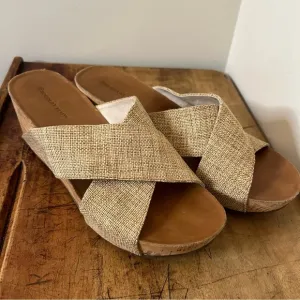 Chocolat Blu Melissa cork wedge sandals with sand color straps, sz 10, GUC