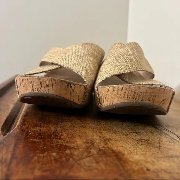 Chocolat Blu Melissa cork wedge sandals with sand color straps, sz 10, GUC