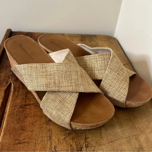 Chocolat Blu Melissa cork wedge sandals with sand color straps, sz 10, GUC