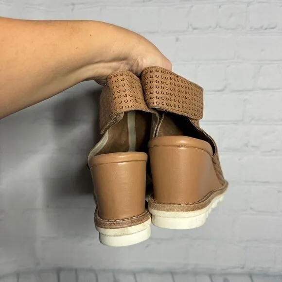Chocolat Blu tan perforated saddle leather wedge ankle strap sandals 40 new