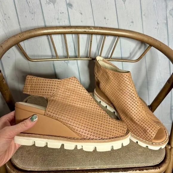 Chocolat Blu tan perforated saddle leather wedge ankle strap sandals 40 new
