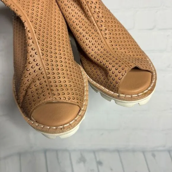Chocolat Blu tan perforated saddle leather wedge ankle strap sandals 40 new