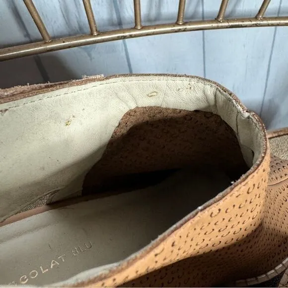 Chocolat Blu tan perforated saddle leather wedge ankle strap sandals 40 new