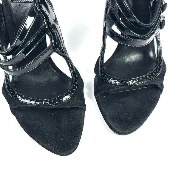 CHRISTIAN DIOR Black Patent Leather Suede Strappy Heels Pumps Sandals 37,5 US5,5