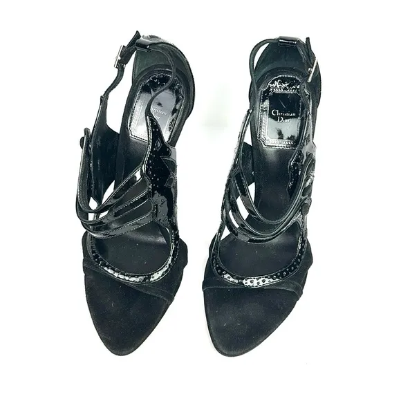 CHRISTIAN DIOR Black Patent Leather Suede Strappy Heels Pumps Sandals 37,5 US5,5