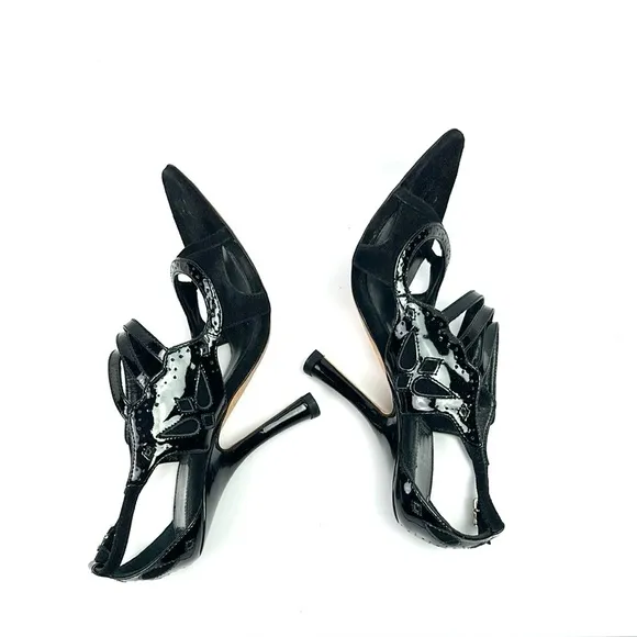 CHRISTIAN DIOR Black Patent Leather Suede Strappy Heels Pumps Sandals 37,5 US5,5