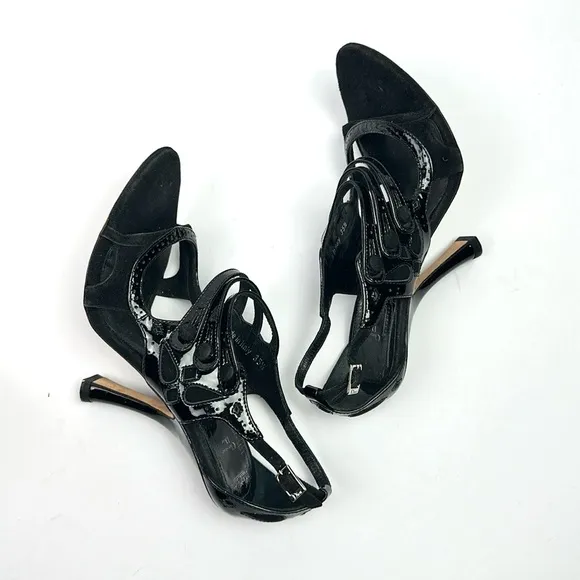 CHRISTIAN DIOR Black Patent Leather Suede Strappy Heels Pumps Sandals 37,5 US5,5