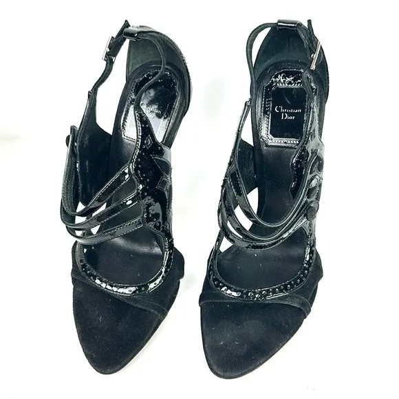 CHRISTIAN DIOR Black Patent Leather Suede Strappy Heels Pumps Sandals 37,5 US5,5