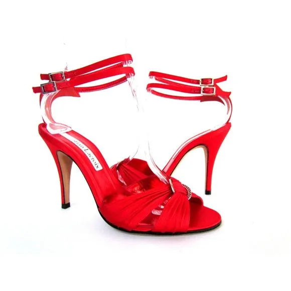 CHRISTIAN LACROIX RED SATIN OPEN TOE ANKLE STRAP DESIGNER SANDALS 8.5.MED