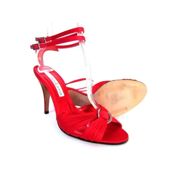 CHRISTIAN LACROIX RED SATIN OPEN TOE ANKLE STRAP DESIGNER SANDALS 8.5.MED