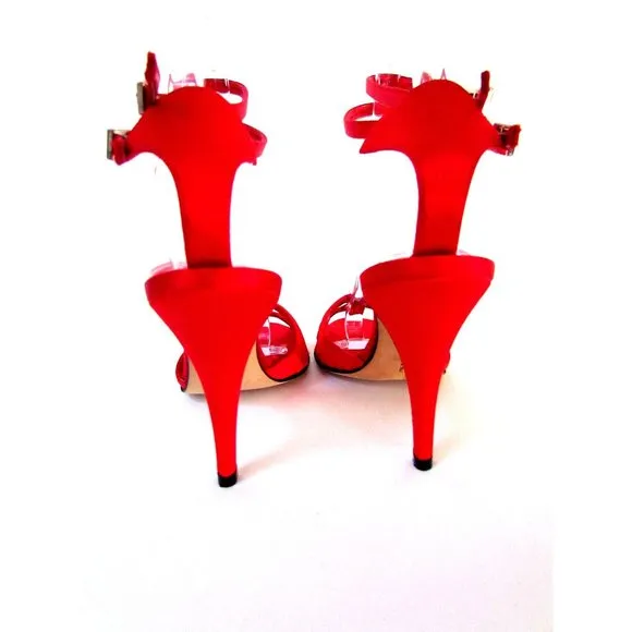 CHRISTIAN LACROIX RED SATIN OPEN TOE ANKLE STRAP DESIGNER SANDALS 8.5.MED