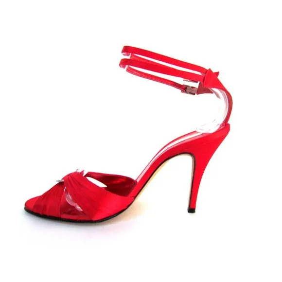 CHRISTIAN LACROIX RED SATIN OPEN TOE ANKLE STRAP DESIGNER SANDALS 8.5.MED