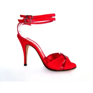 CHRISTIAN LACROIX RED SATIN OPEN TOE ANKLE STRAP DESIGNER SANDALS 8.5.MED