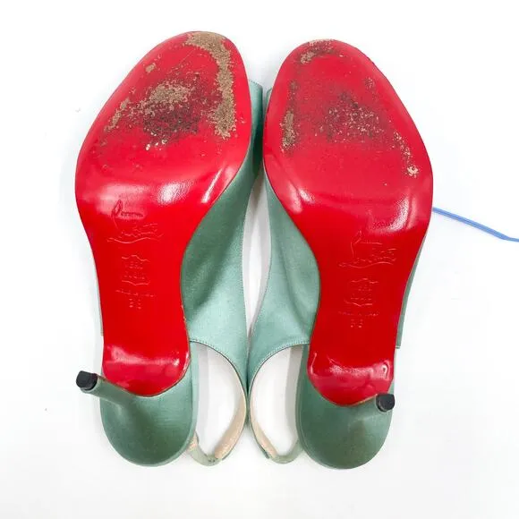 Christian Louboutin Slingback Heels Mint Satin Sandals Lace-Up Detail 38 / 8 US