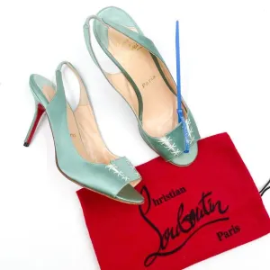 Christian Louboutin Slingback Heels Mint Satin Sandals Lace-Up Detail 38 / 8 US