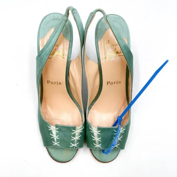 Christian Louboutin Slingback Heels Mint Satin Sandals Lace-Up Detail 38 / 8 US