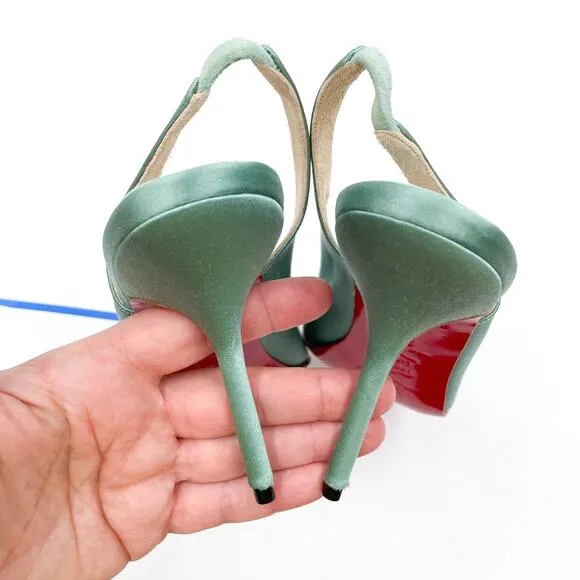 Christian Louboutin Slingback Heels Mint Satin Sandals Lace-Up Detail 38 / 8 US