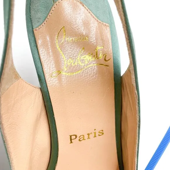 Christian Louboutin Slingback Heels Mint Satin Sandals Lace-Up Detail 38 / 8 US