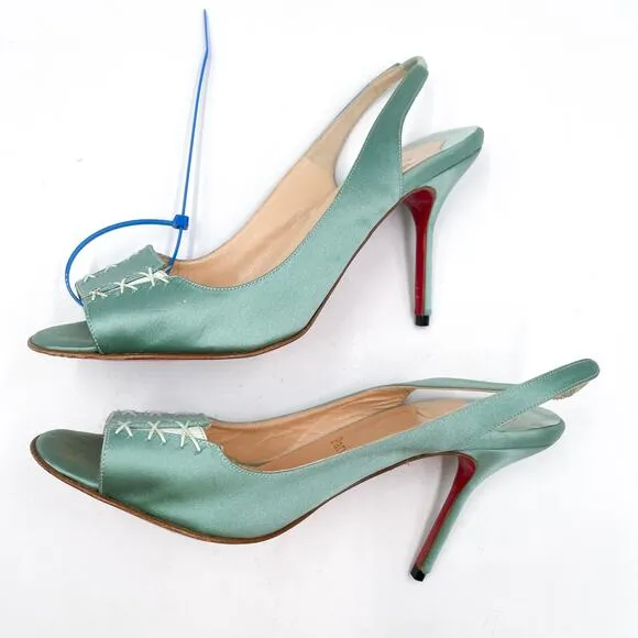 Christian Louboutin Slingback Heels Mint Satin Sandals Lace-Up Detail 38 / 8 US