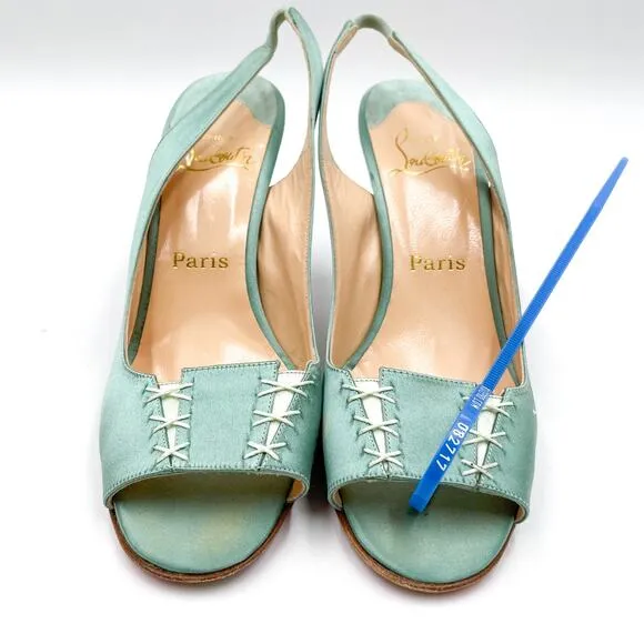 Christian Louboutin Slingback Heels Mint Satin Sandals Lace-Up Detail 38 / 8 US