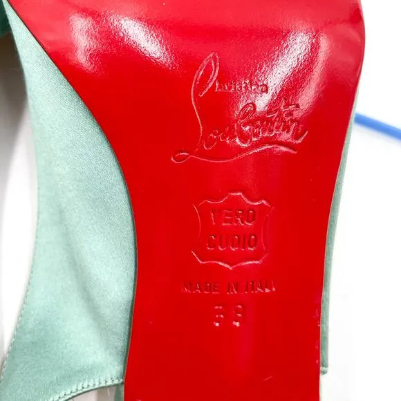 Christian Louboutin Slingback Heels Mint Satin Sandals Lace-Up Detail 38 / 8 US