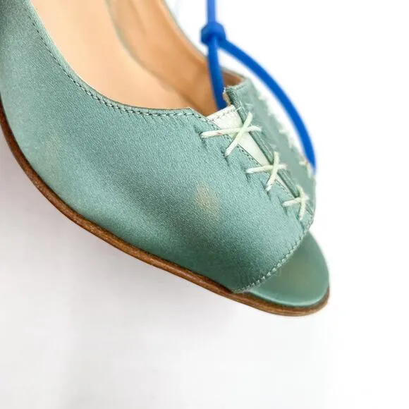 Christian Louboutin Slingback Heels Mint Satin Sandals Lace-Up Detail 38 / 8 US