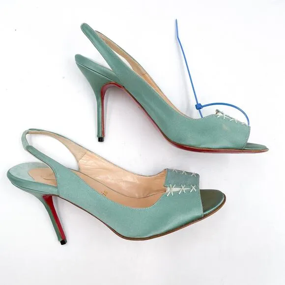 Christian Louboutin Slingback Heels Mint Satin Sandals Lace-Up Detail 38 / 8 US