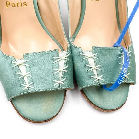 Christian Louboutin Slingback Heels Mint Satin Sandals Lace-Up Detail 38 / 8 US