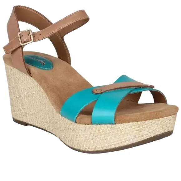 Clarks Artisan Leather Wedge Sandals Caslynn Regina Size 11 W Turquoise Beige