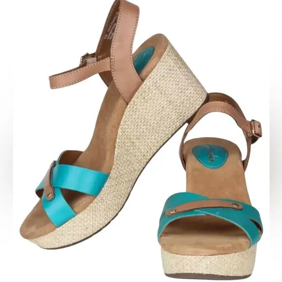Clarks Artisan Leather Wedge Sandals Caslynn Regina Size 11 W Turquoise Beige