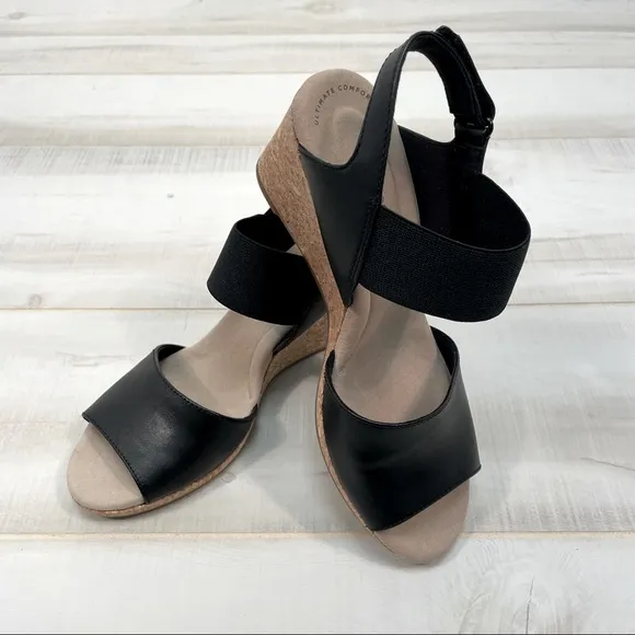 Clarks Black Leather Lafley Lily Wedge Sandals Sz 9