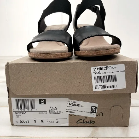 Clarks Black Leather Lafley Lily Wedge Sandals Sz 9